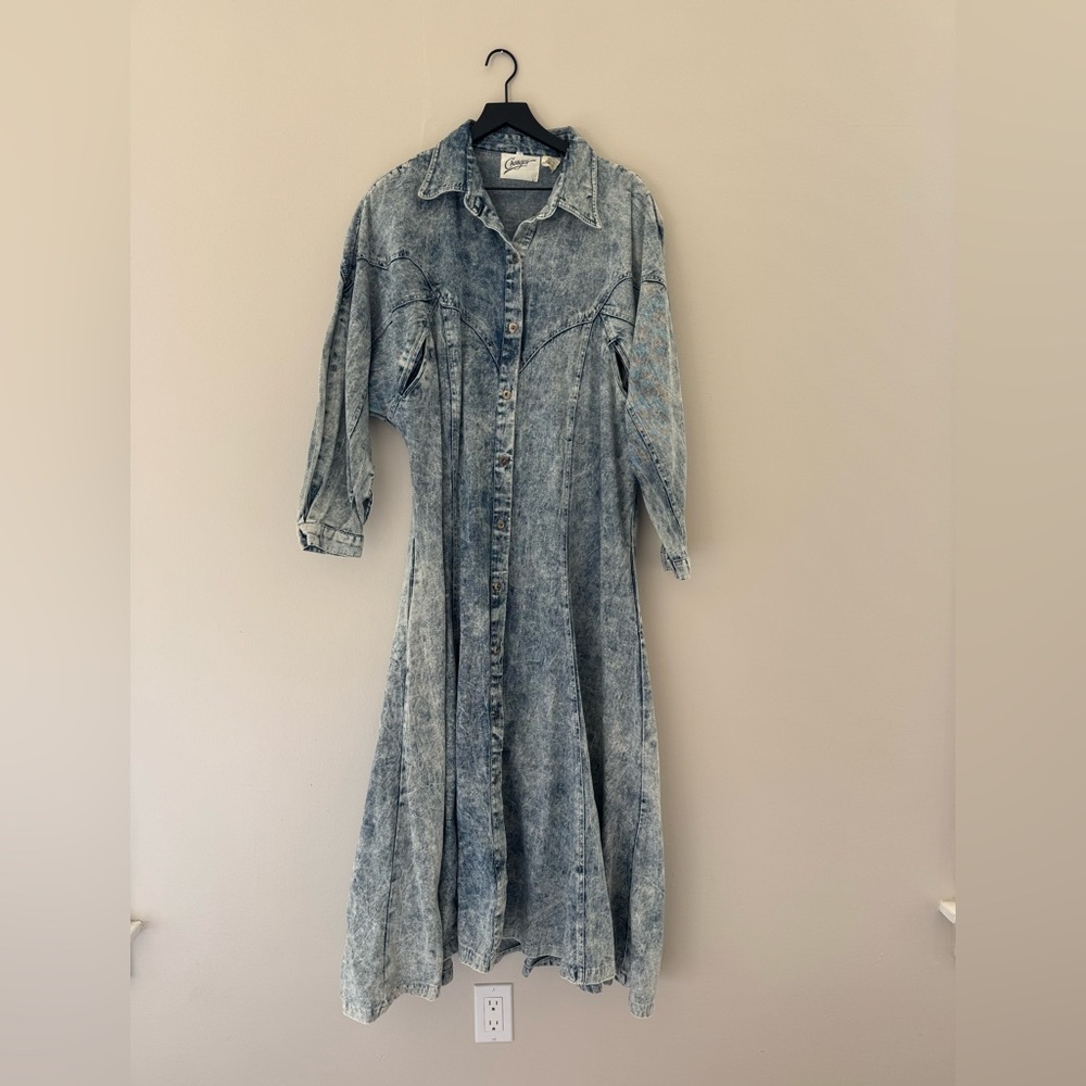 Vintage Denim Acid Wash Flare Twirl Dress 16 Pockets Button Up Costume Changes